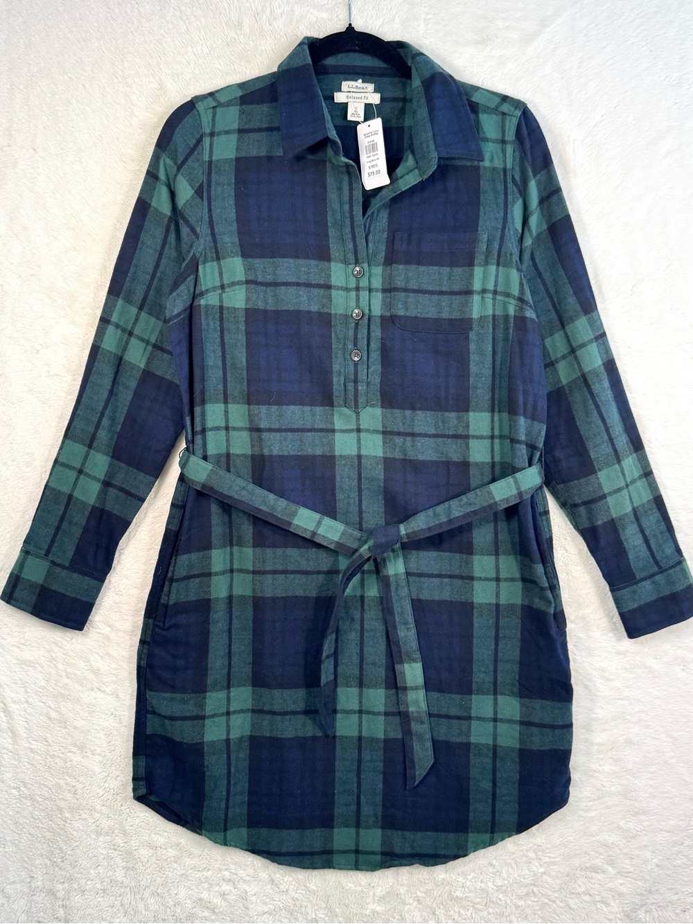 LL Bean Scotch Plaid Tunic Dress Women’s Small Green Flannel Relaxed Fit NEW